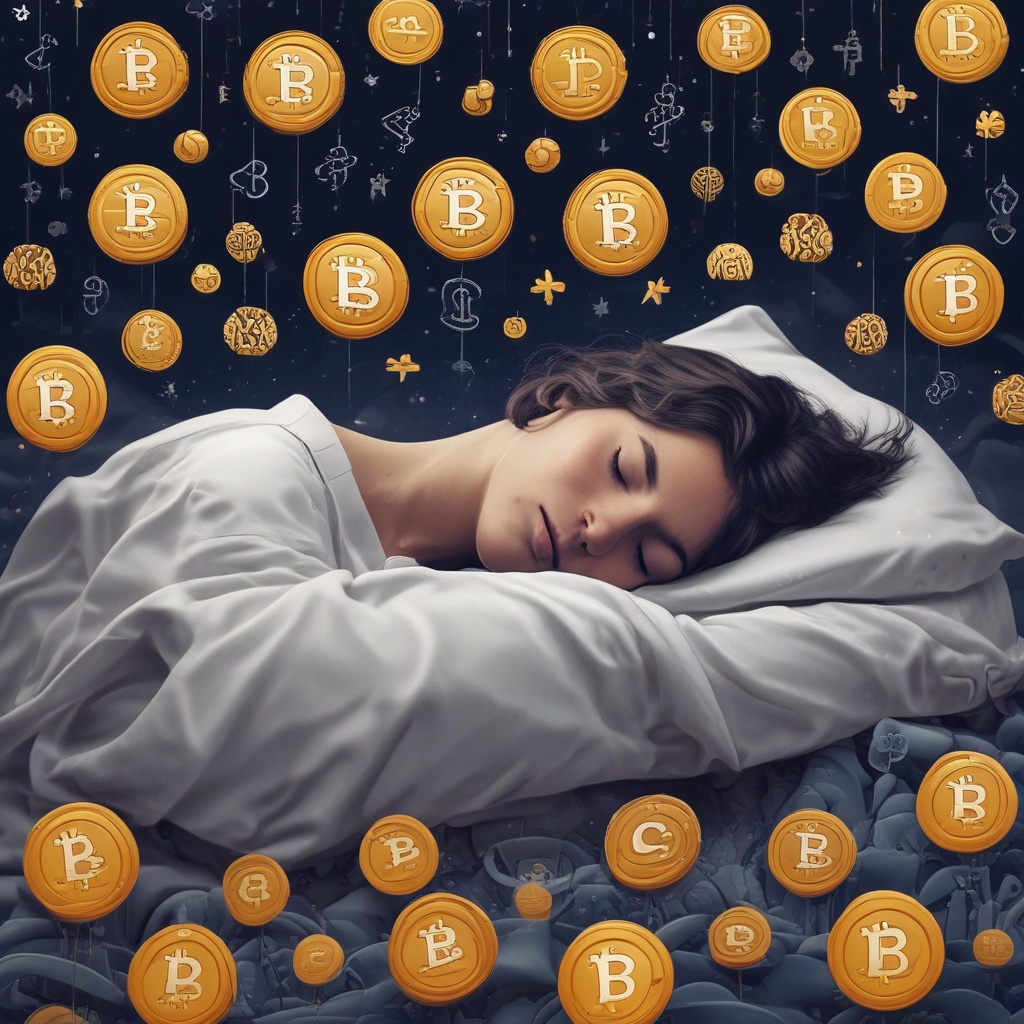 Person sleeping with crypto symbols floating above